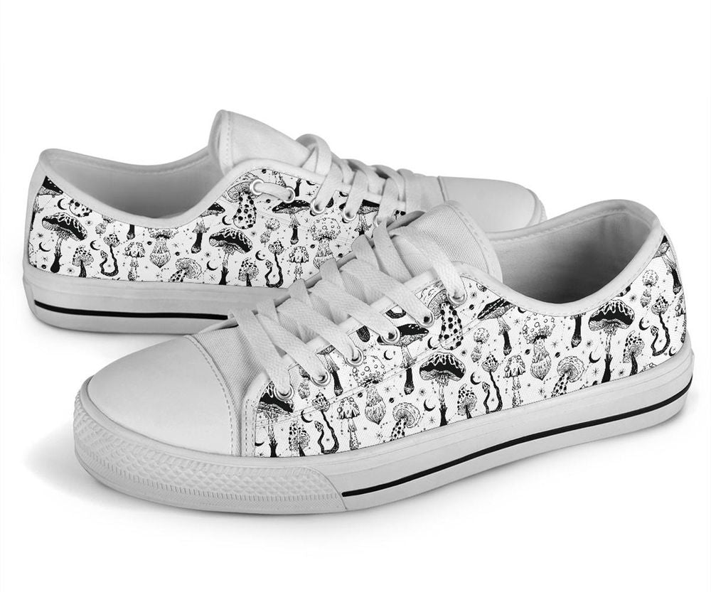 Woman's Black White Mushrooms Low Top Shoes, Gift For Women Men