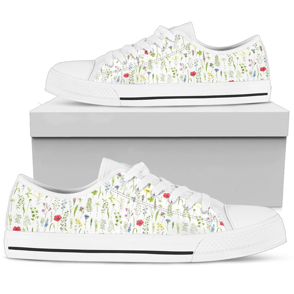 Watercolor Wildflower Low Top Sneakers, Stylish Summer Low Top Shoes Gift For Men Women