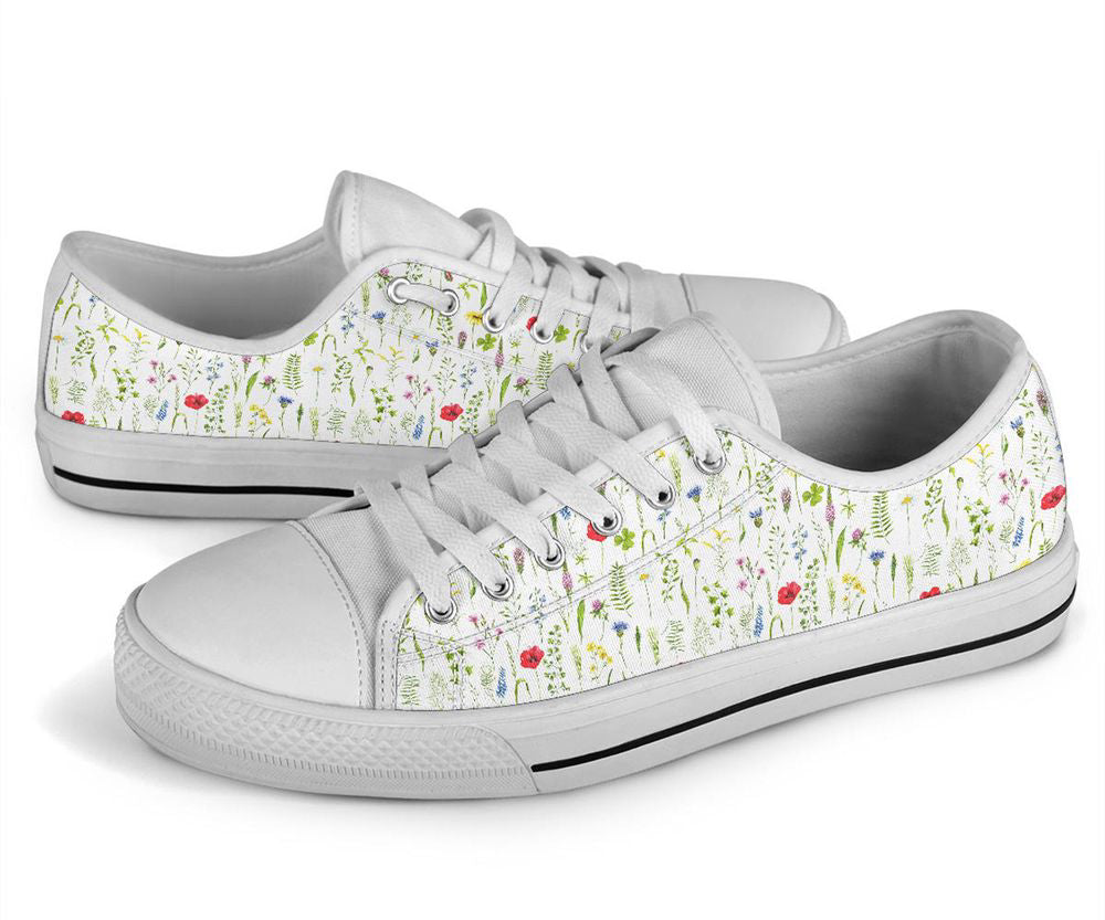 Watercolor Wildflower Low Top Sneakers, Stylish Summer Low Top Shoes Gift For Men Women