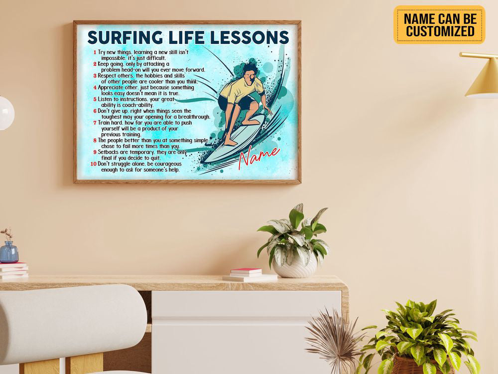 Surfing Life Lessons Custom Surfing Poster Canvas Print Wall Art Boy's Room Decoration Gift for Wave Surfer
