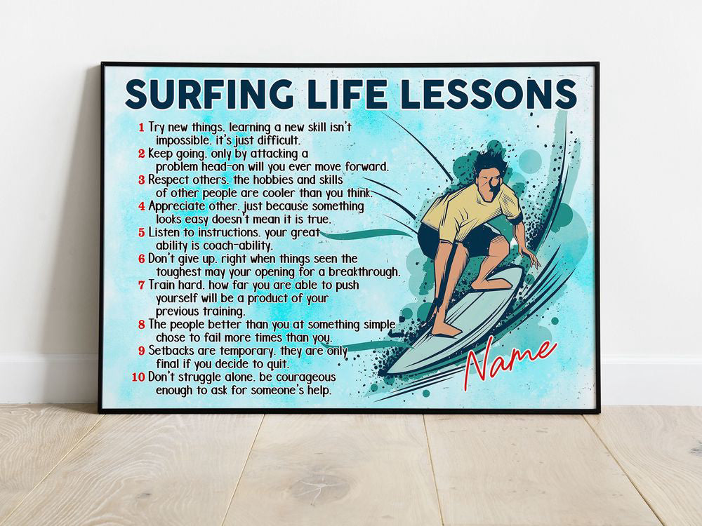 Surfing Life Lessons Custom Surfing Poster Canvas Print Wall Art Boy's Room Decoration Gift for Wave Surfer