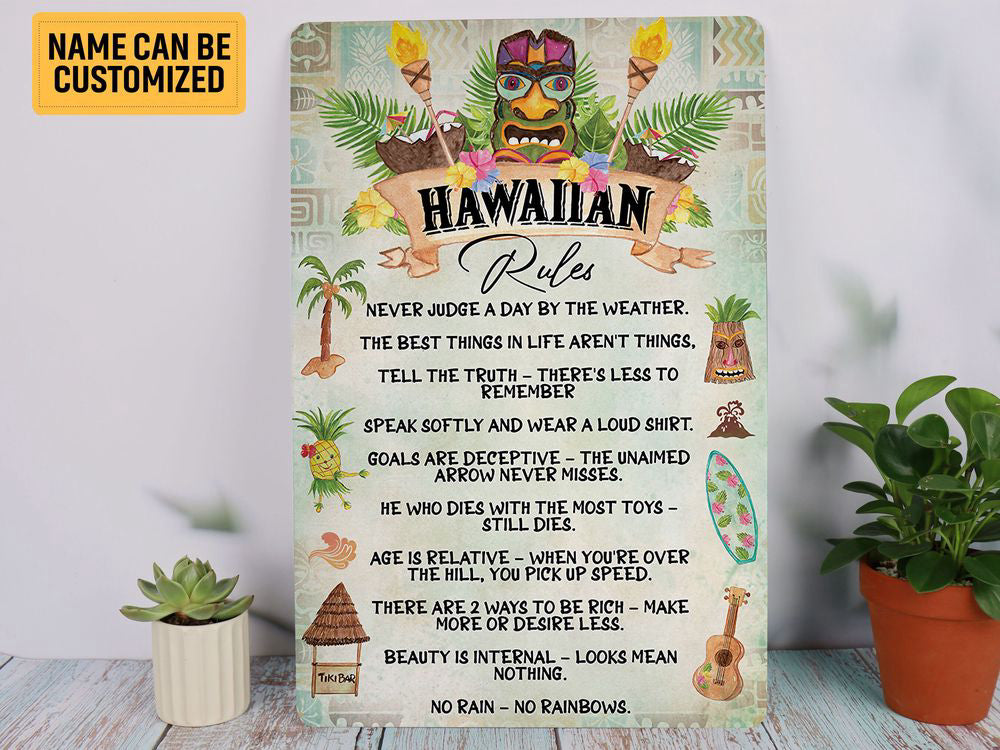 Tiki Mask Hawaiian Rules Metal Sign Welcome Hawaiian Sign Summer Tropical Beach Tiki Bar Decor Tiki Lounge Decor Inspirational Wall Art Gift