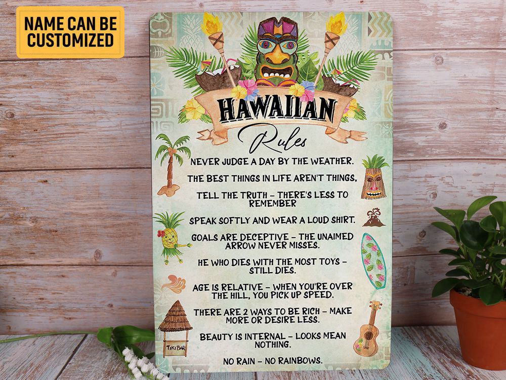 Tiki Mask Hawaiian Rules Metal Sign Welcome Hawaiian Sign Summer Tropical Beach Tiki Bar Decor Tiki Lounge Decor Inspirational Wall Art Gift