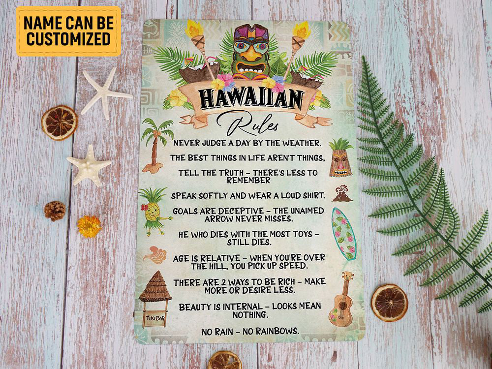 Tiki Mask Hawaiian Rules Metal Sign Welcome Hawaiian Sign Summer Tropical Beach Tiki Bar Decor Tiki Lounge Decor Inspirational Wall Art Gift