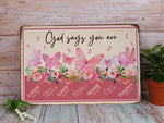 Load image into Gallery viewer, God Says You Are Butterfly Flower Breast Cancer Metal Sign Breast Cancer Awareness Motivational Gift for Cancer Fighter Christian Pink Decor