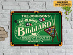 Load image into Gallery viewer, Personalized All-in Game Billiard Metal Sign Rules Of Etiquette Billiards Sign Billiards Lover Gift Custom Pool Club Decor Game Room Decor