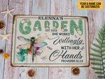 Load image into Gallery viewer, Personalized Dragonfly Garden Metal Sign She Works Willingly With Her Hands Garden Sign Gift For Gardener