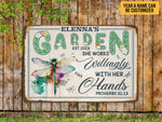 Load image into Gallery viewer, Personalized Dragonfly Garden Metal Sign She Works Willingly With Her Hands Garden Sign Gift For Gardener