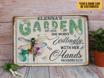 Load image into Gallery viewer, Personalized Dragonfly Garden Metal Sign She Works Willingly With Her Hands Garden Sign Gift For Gardener