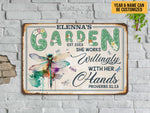 Load image into Gallery viewer, Personalized Dragonfly Garden Metal Sign She Works Willingly With Her Hands Garden Sign Gift For Gardener