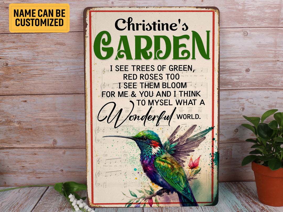 Personalized Hummingbird Garden Metal Sign What A Wonderful World Gardening Sign Custom Gift For Gardener