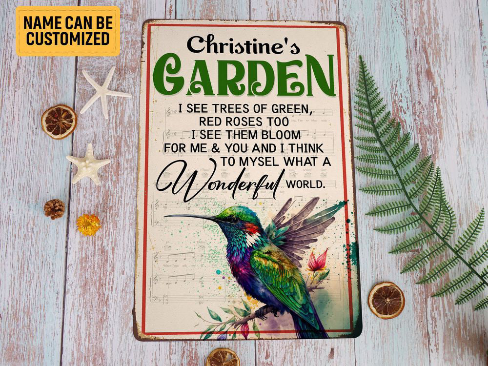 Personalized Hummingbird Garden Metal Sign What A Wonderful World Gardening Sign Custom Gift For Gardener