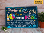 Load image into Gallery viewer, Personalized Swimming Pool Sign, Swim At Your Own Risk Private Pool Metal Sign, Gift For Decor