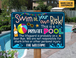 Load image into Gallery viewer, Personalized Swimming Pool Sign, Swim At Your Own Risk Private Pool Metal Sign, Gift For Decor
