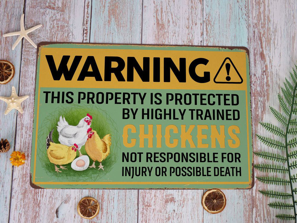 Warning Property Protected Chickens Metal Sign Chicken Farm Sign Chicken Coop Sign Farmhouse Sign Farmer Gift