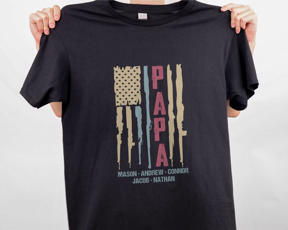 US Flag Guns Custom Grandkid Names Papa Shirt American Grandpa Shirt Patriotic Gift for Dad