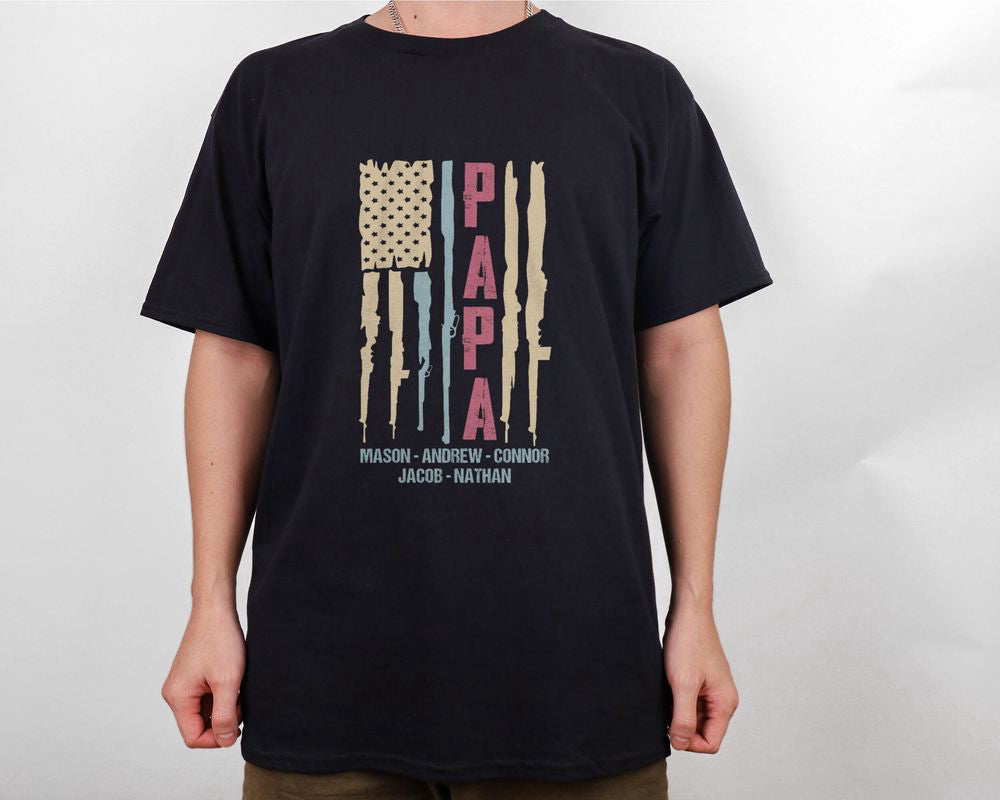 US Flag Guns Custom Grandkid Names Papa Shirt American Grandpa Shirt Patriotic Gift for Dad