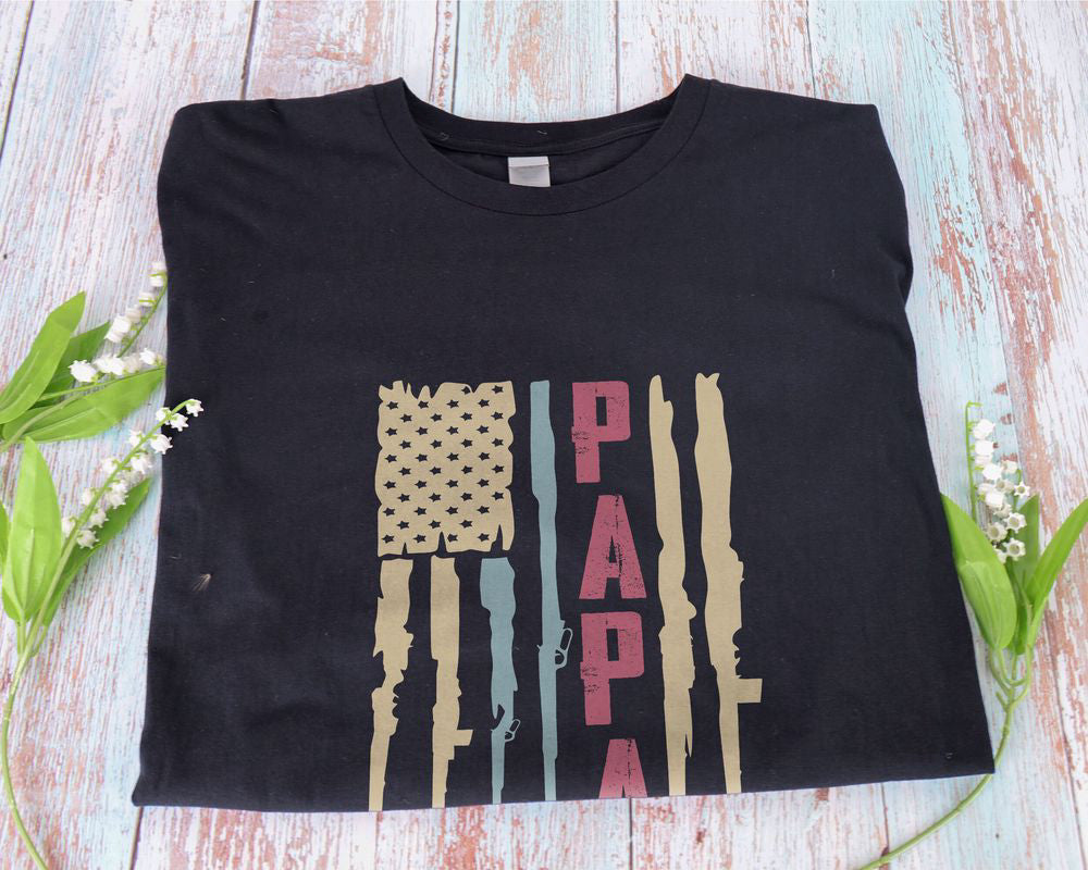 US Flag Guns Custom Grandkid Names Papa Shirt American Grandpa Shirt Patriotic Gift for Dad