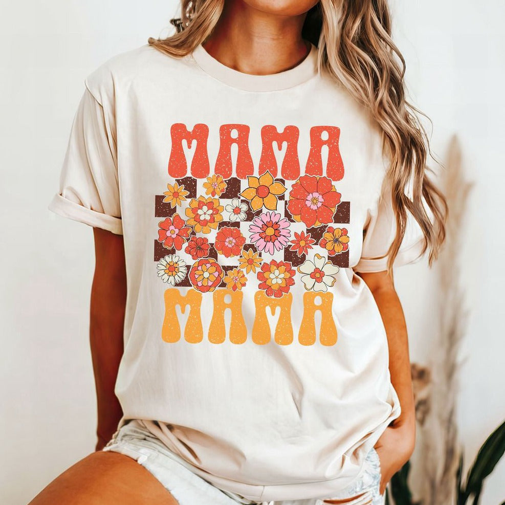 Retro Checkered Mama Shirt, Boho Wildflowers Mama Shirt, Mothers Day Gift