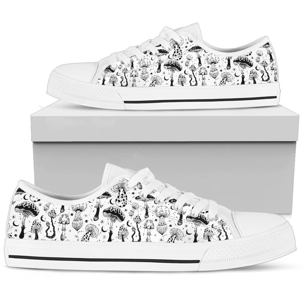 Woman's Black White Mushrooms Low Top Shoes, Gift For Women Men