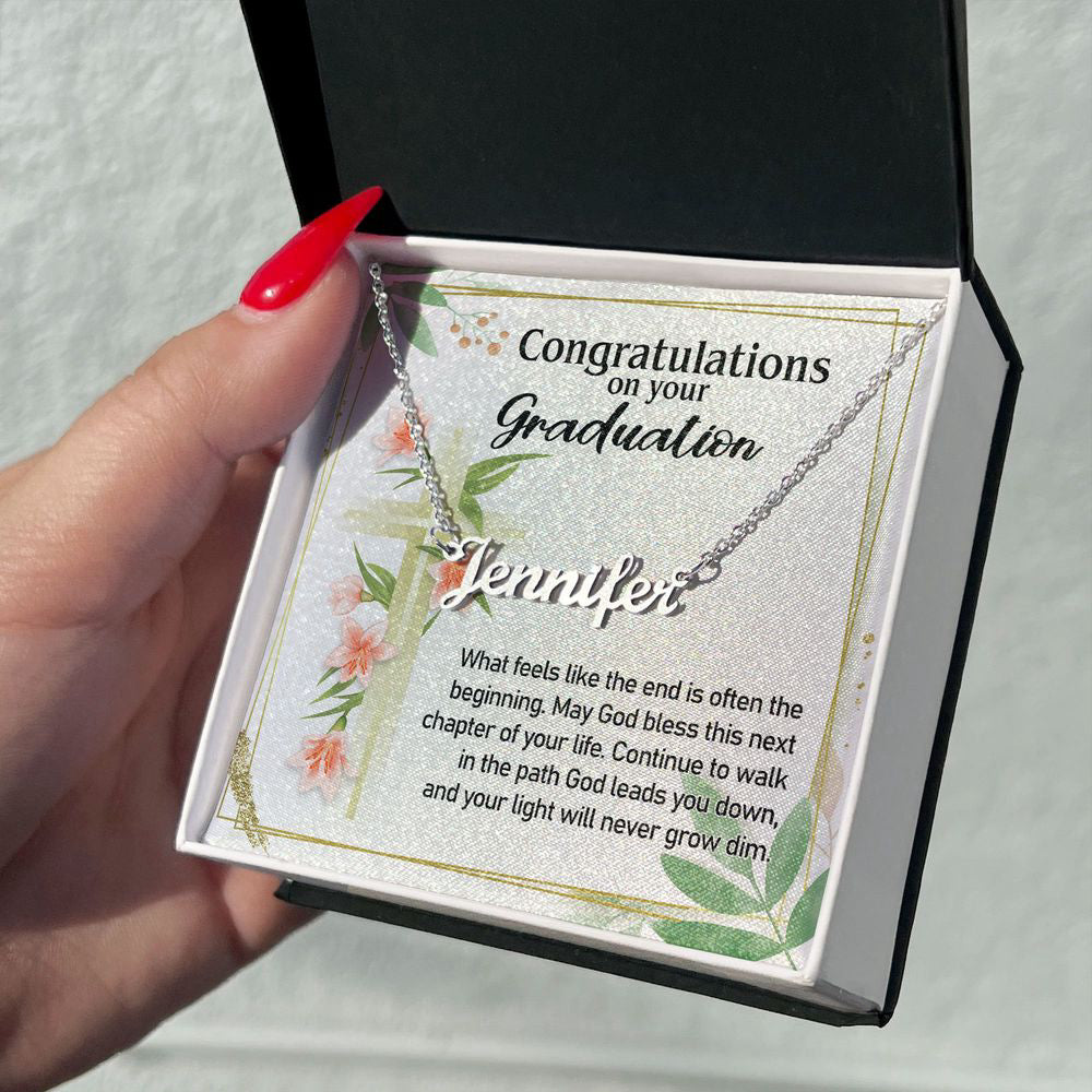 Custom Name Necklace, Floral Cross Graduation Necklace Message Card, Graduate Gift