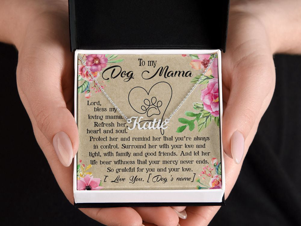 To My Dog Mama Custom Name Necklace Praying Message Card Personalized Gift for Dog Mom Pet Lover Mother's Day Stainless Steel Floral Art