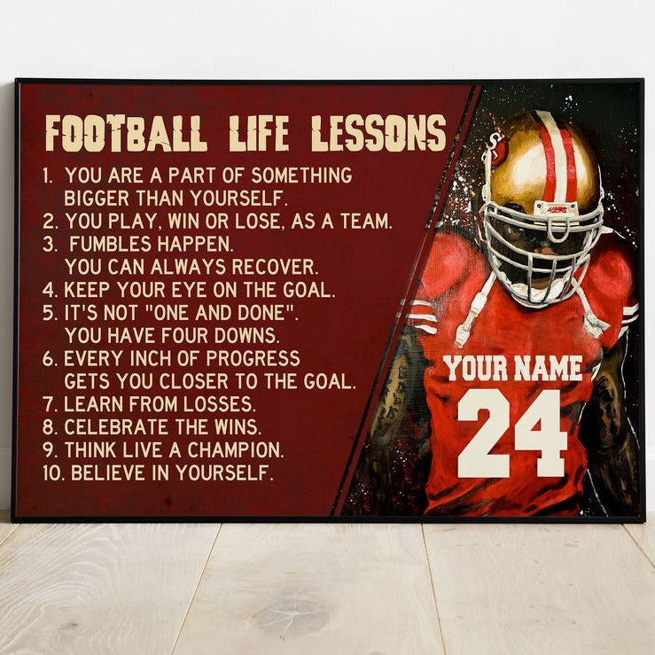 Football Life Lessons Poster Canvas Print Custom Name Number Wall Art American Football Player Boys Sport Lover Gift Room Club Decoration