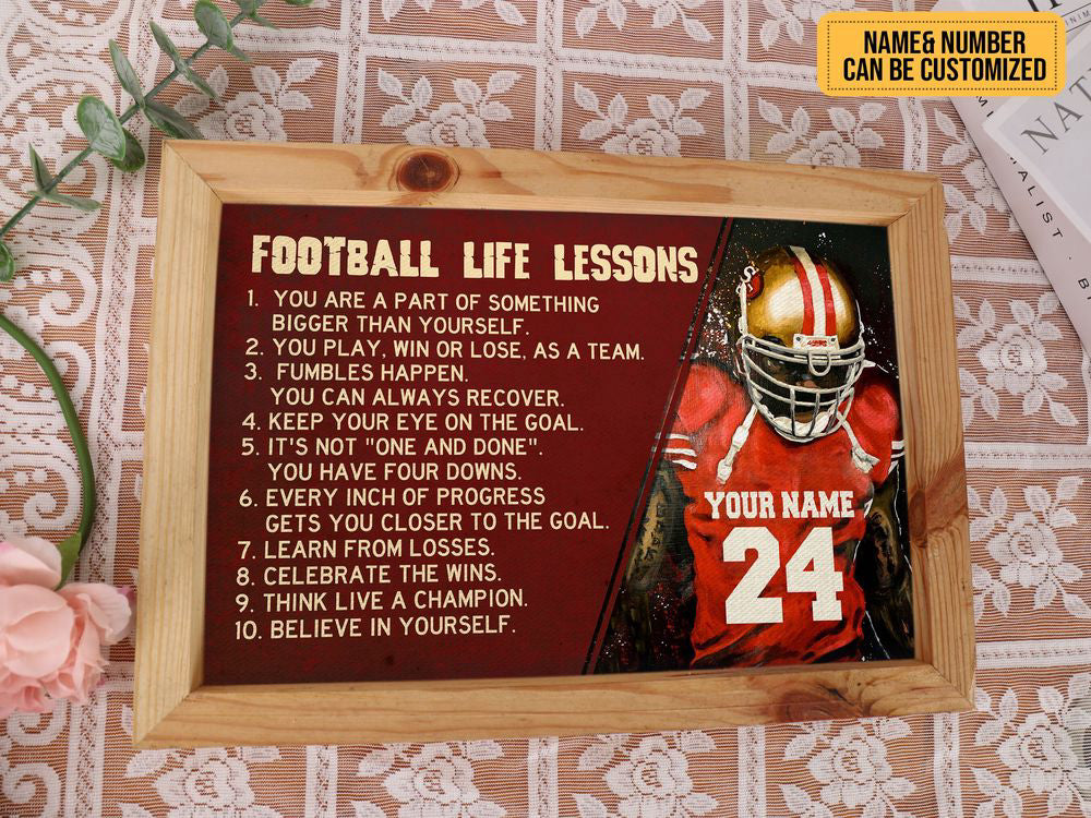 Football Life Lessons Poster Canvas Print Custom Name Number Wall Art American Football Player Boys Sport Lover Gift Room Club Decoration