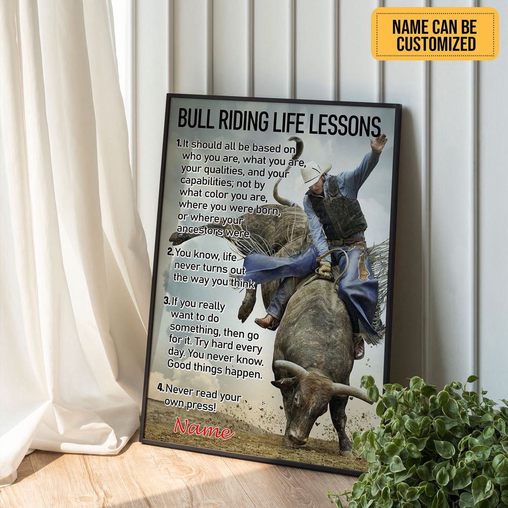 Bull Riding Life Lessons Personalized Bull Riding Poster Canvas Print Wall Art Decor Inspirational Gift for Bull Rider