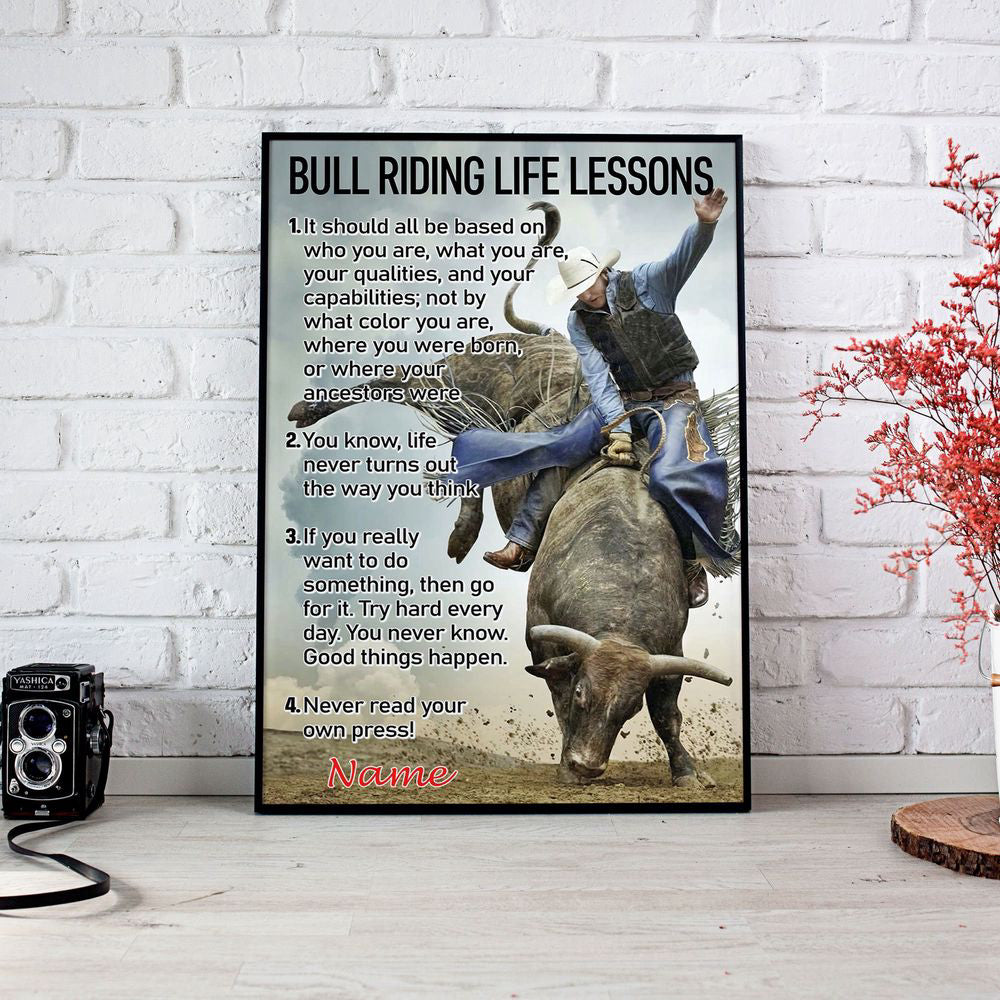 Bull Riding Life Lessons Personalized Bull Riding Poster Canvas Print Wall Art Decor Inspirational Gift for Bull Rider