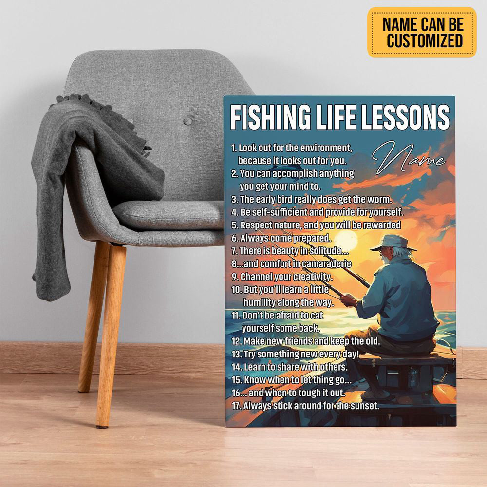 Fishing Life Lessons Personalized Fishing Poster Canvas Print Wall Art Home Man Cave Decor Custom Gift for Grandpa