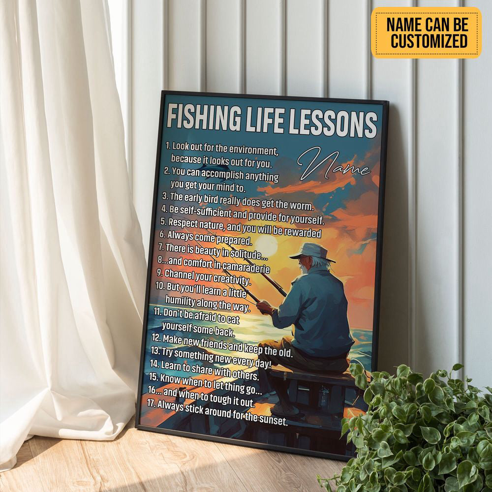 Fishing Life Lessons Personalized Fishing Poster Canvas Print Wall Art Home Man Cave Decor Custom Gift for Grandpa