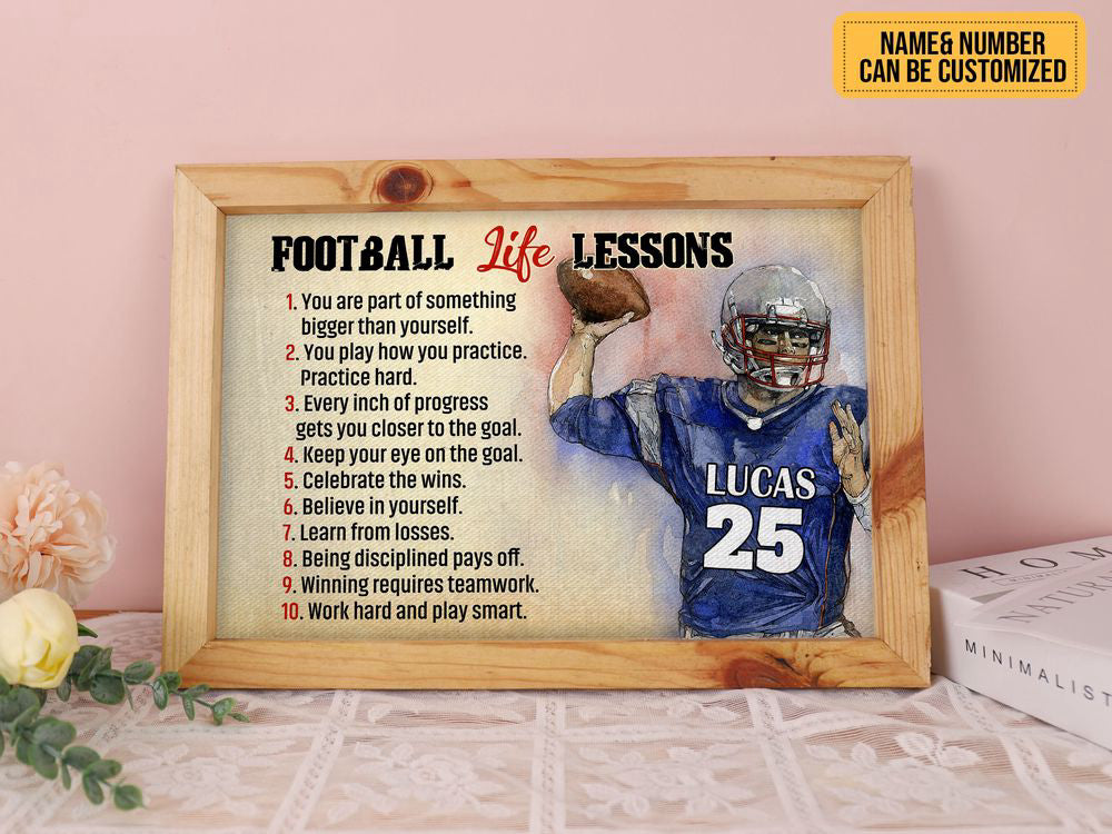 Football Life Lessons Poster Canvas Print Custom Name Number Vintage Wall Art Gift Football Player