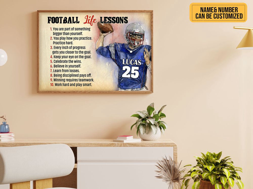 Football Life Lessons Poster Canvas Print Custom Name Number Vintage Wall Art Gift Football Player