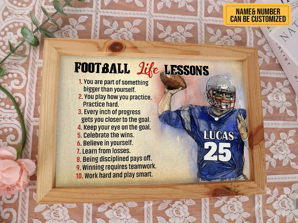 Football Life Lessons Poster Canvas Print Custom Name Number Vintage Wall Art Gift Football Player