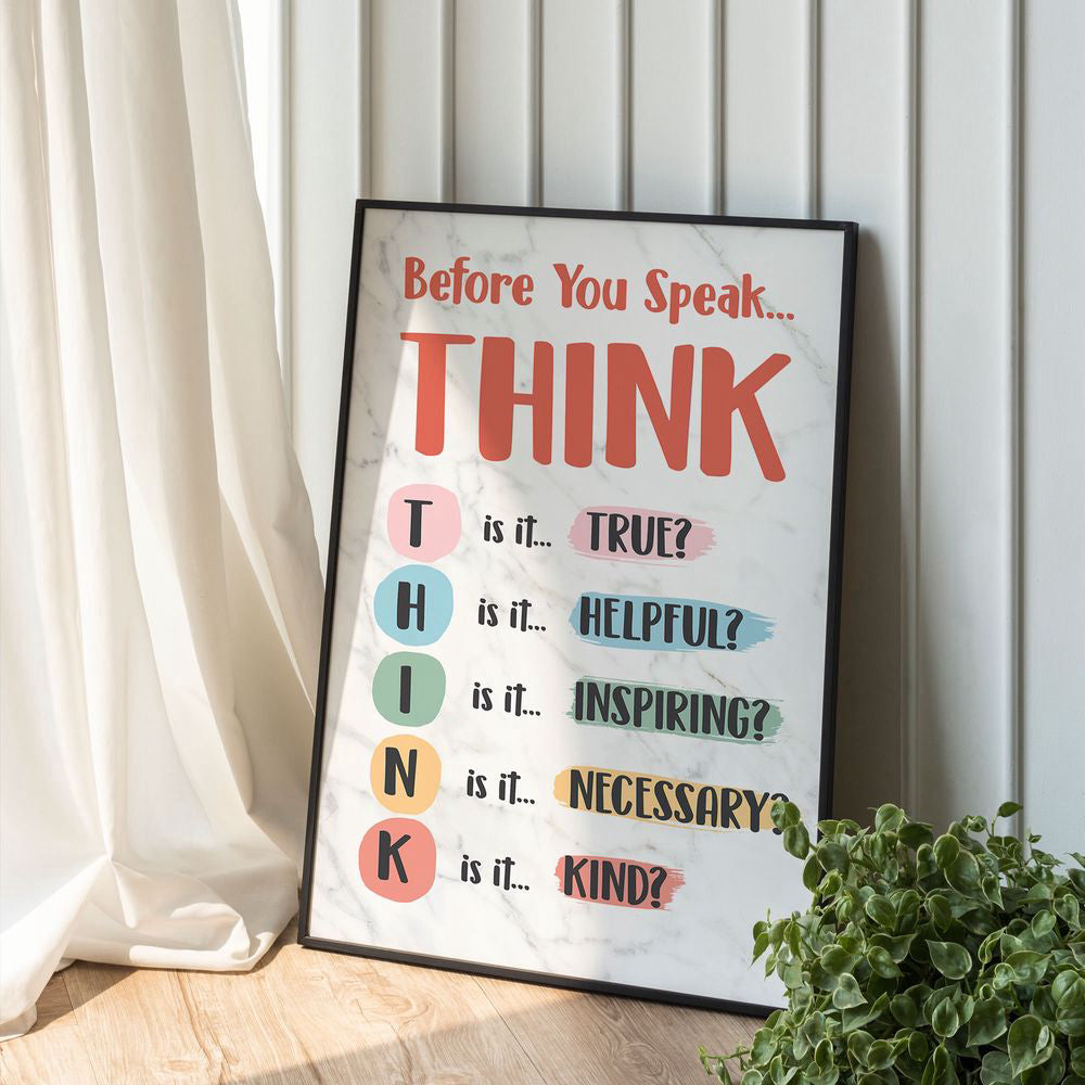 Think Before You Speak Poster Canvas Print Wall Art Classroom Poster Classroom Decor Positive Motivational Poster Counselor Teacher Gift