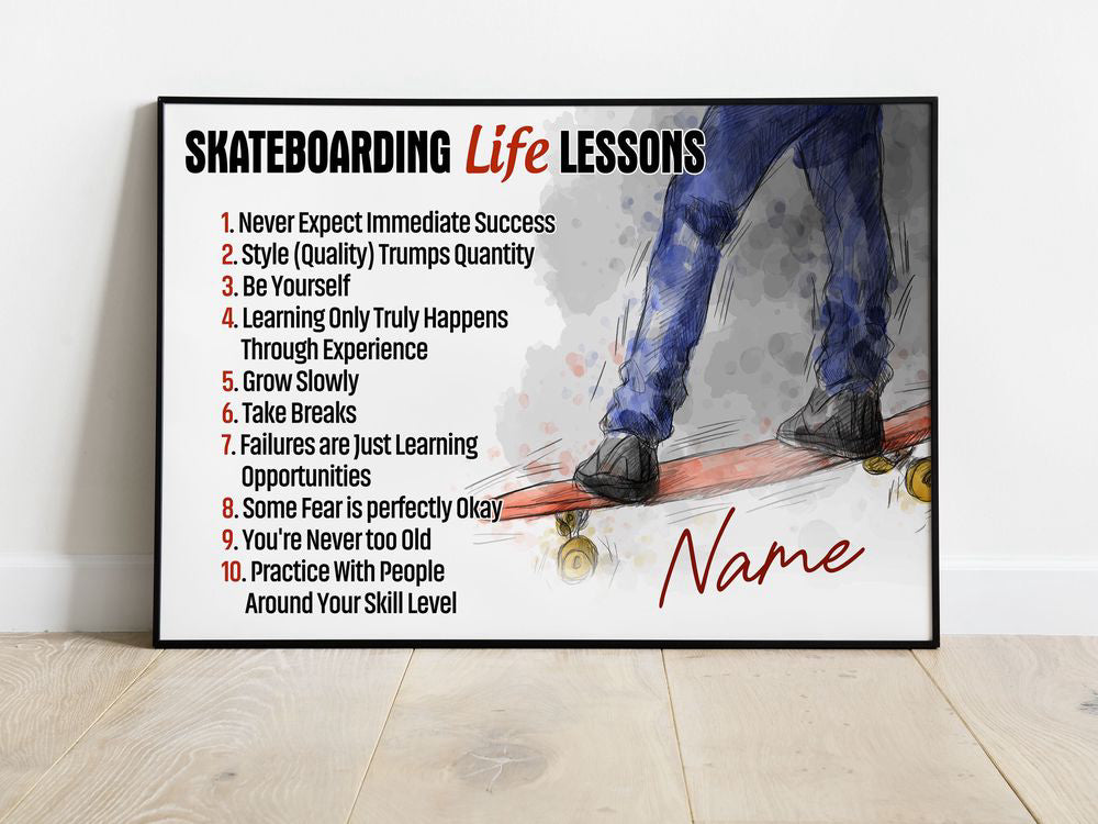 Custom Name Skateboarding Life Lessons Poster Canvas Print Wall Art Room Club Decor Inspiration  Gifts for Skateboarders