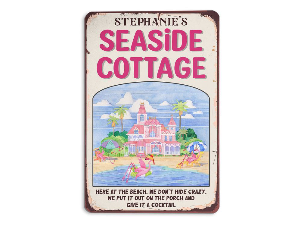 Personalized Flamingo Seaside Cottage Metal Sign, Beach Lounge Sign Tin Plaque, Summer Gift