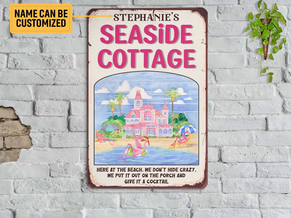 Personalized Flamingo Seaside Cottage Metal Sign, Beach Lounge Sign Tin Plaque, Summer Gift