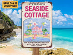 Load image into Gallery viewer, Personalized Flamingo Seaside Cottage Metal Sign, Beach Lounge Sign Tin Plaque, Summer Gift
