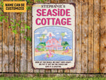 Load image into Gallery viewer, Personalized Flamingo Seaside Cottage Metal Sign, Beach Lounge Sign Tin Plaque, Summer Gift
