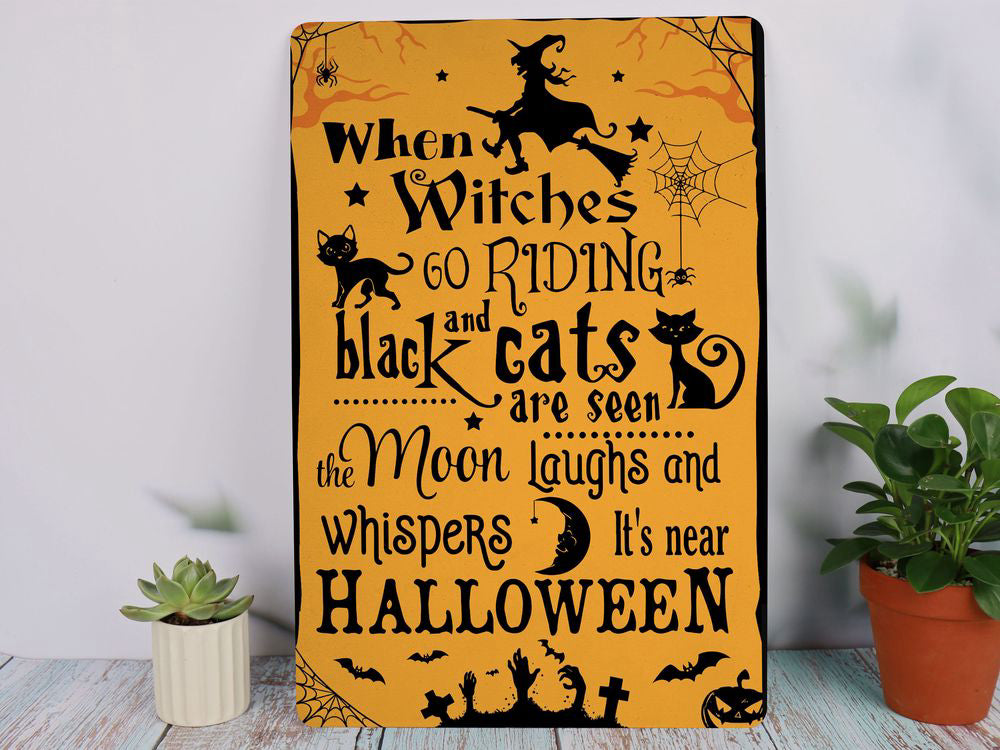 Witch Black Cat Moon Halloween Metal Sign Witchcraft Witchery Art   Gift Bewitching Halloween Sign Spooky Season Party Halloween Decor