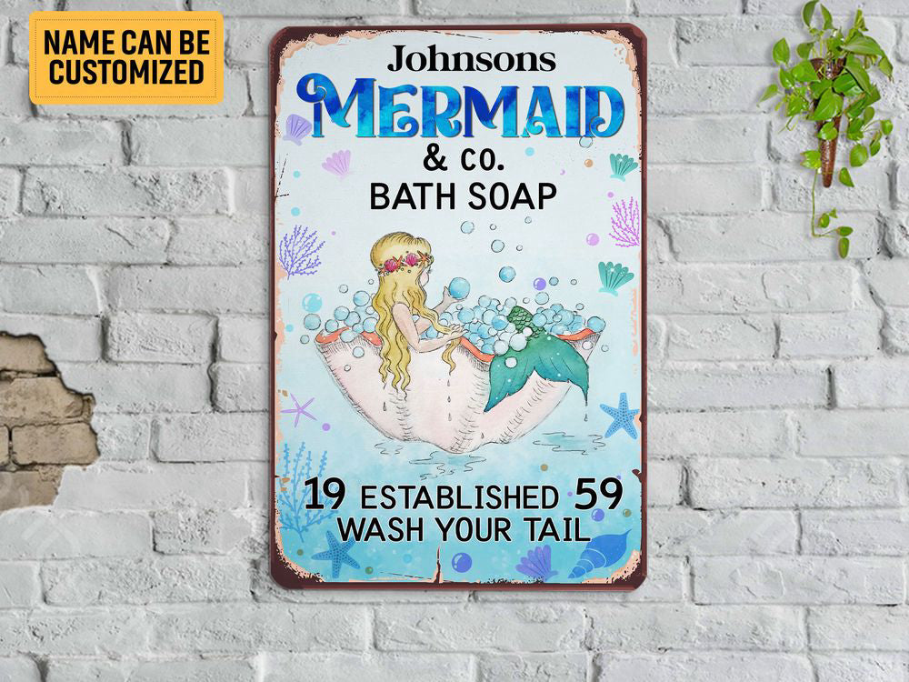 Personalized Mermaid Bath Soap Wash Your Tail Mermaid Metal Sign Bathroom Tin Sign Wall Art Mermaid Sign Bathroom Decor Mermaid Lover Gift