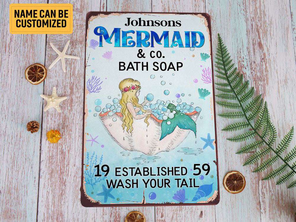 Personalized Mermaid Bath Soap Wash Your Tail Mermaid Metal Sign Bathroom Tin Sign Wall Art Mermaid Sign Bathroom Decor Mermaid Lover Gift