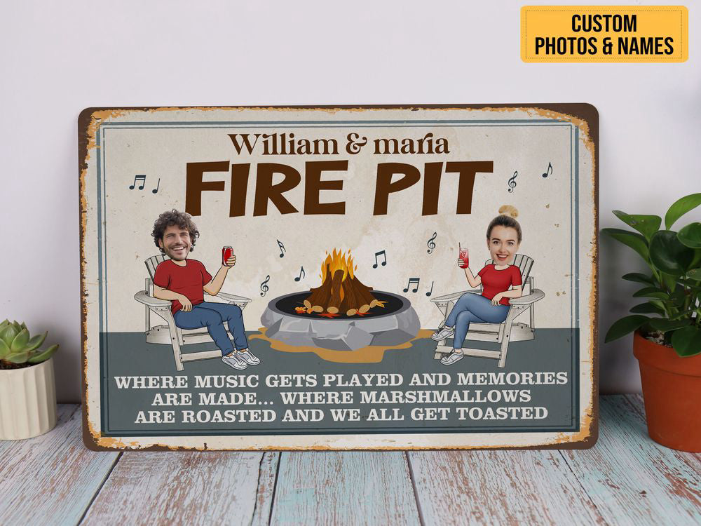 Custom Photo Couple Fire Pit Metal Sign Welcome Sign Personalized Gift for Camping