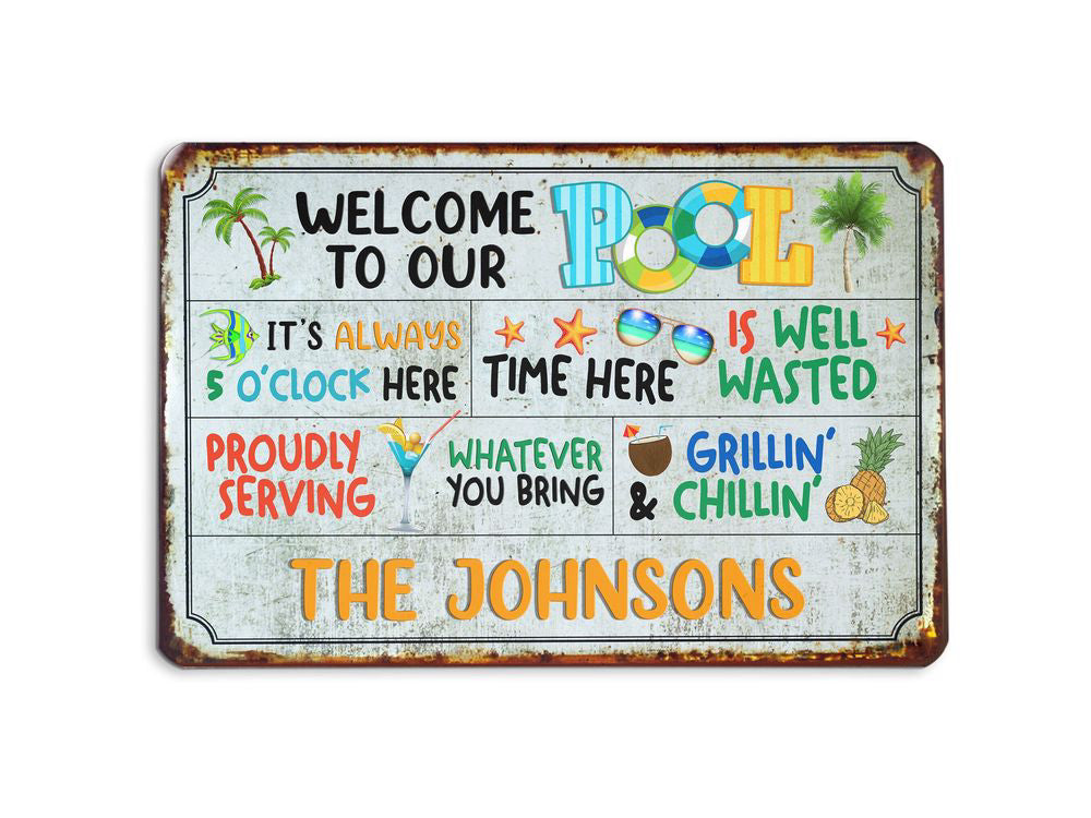 Personalized Swimming Pool Sign, Welcome To Our Pool Classic Metal Art Sign Backyard Decoration