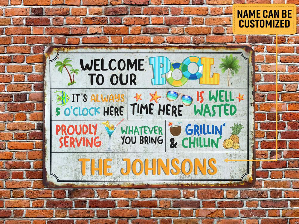 Personalized Swimming Pool Sign, Welcome To Our Pool Classic Metal Art Sign Backyard Decoration