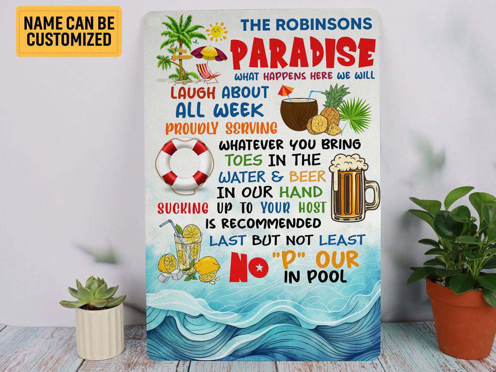 Personalized Family Paradise Sign, Swimming Pool Sign, Pool Bar Metal Sign