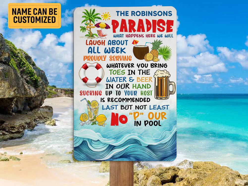 Personalized Family Paradise Sign, Swimming Pool Sign, Pool Bar Metal Sign