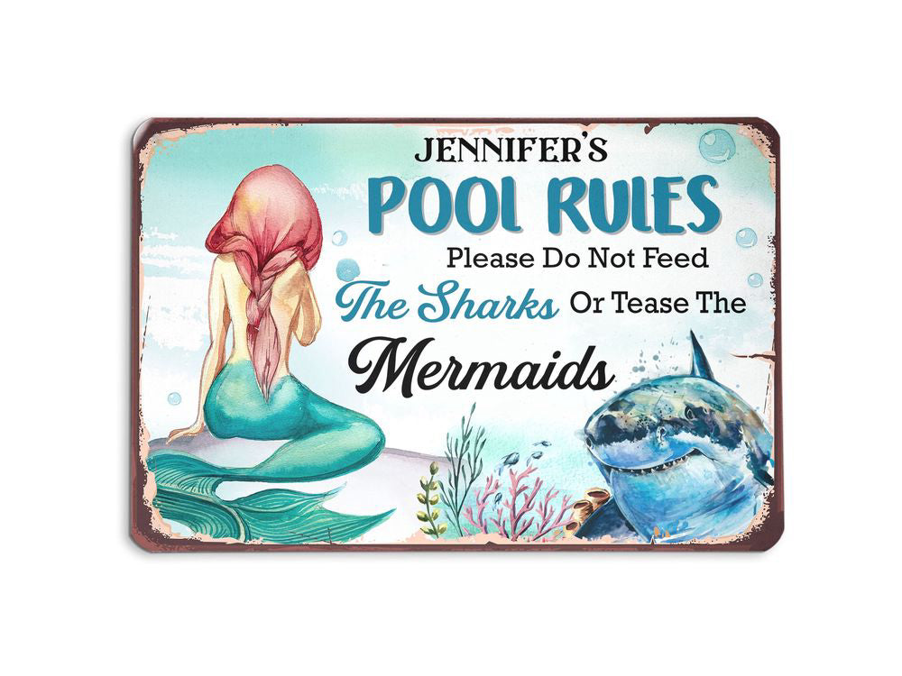 Personalized Shark Mermaid Pool Rules Sign, Swimming Pool Sign, Pool Metal Sign,